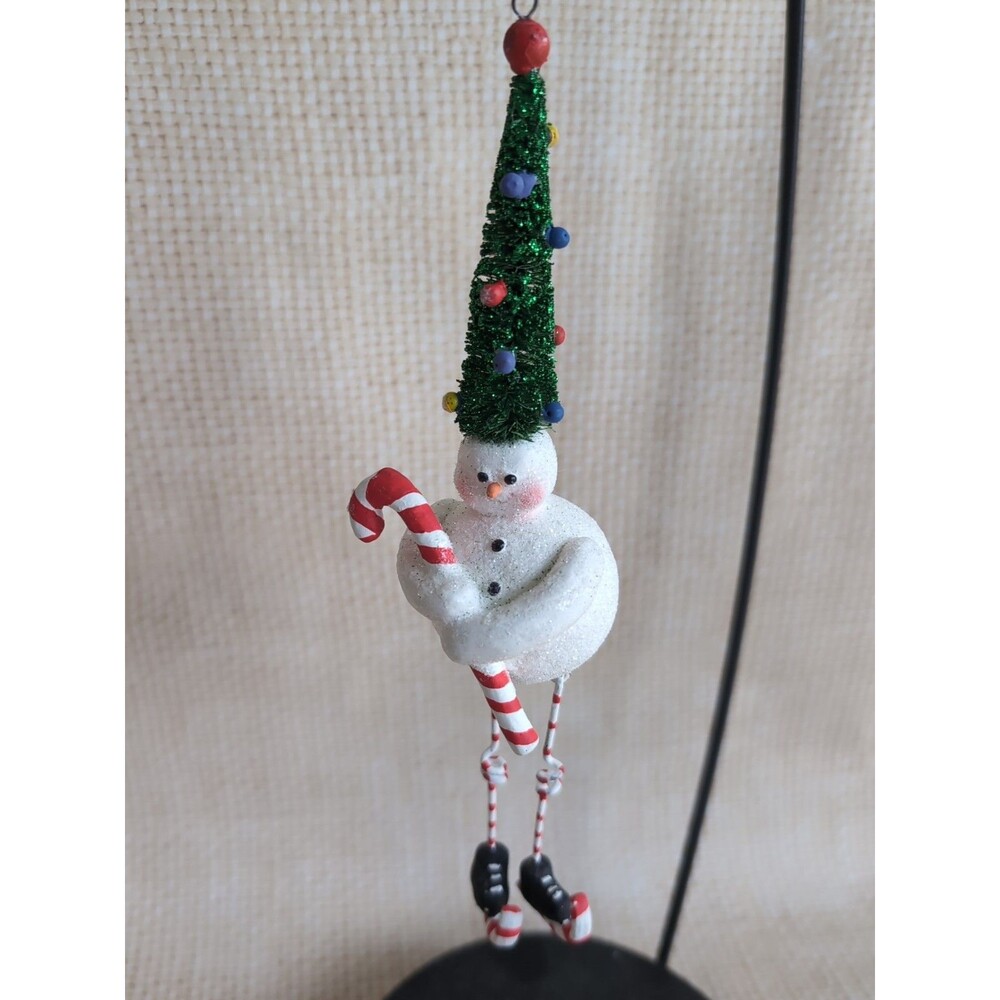 SNOWMAN Christmas Ornament Long Legs Tree Hat Candy Cane WHIMSICAL Skating